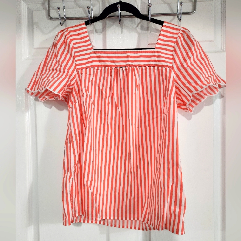 Talbot's 100% Cotton Orange/White Stripe Top with Scalloped Sleeves, Size M